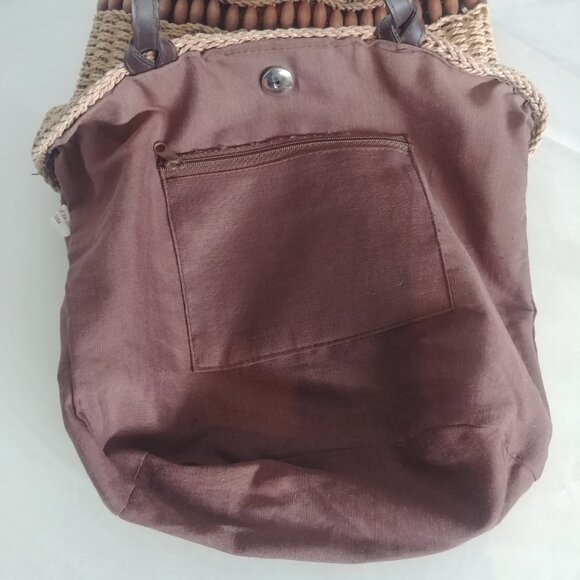Natural woven tan and brown bag purse with wooden bead detail - Picture 7 of 11